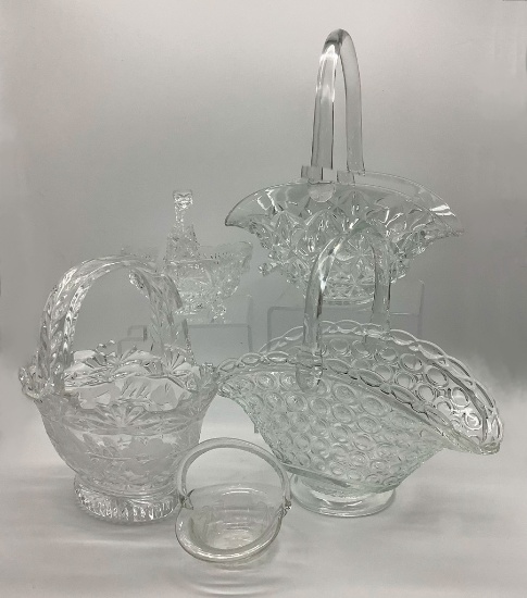 5 Various Vintage Glass Baskets - Tallest Is 11"