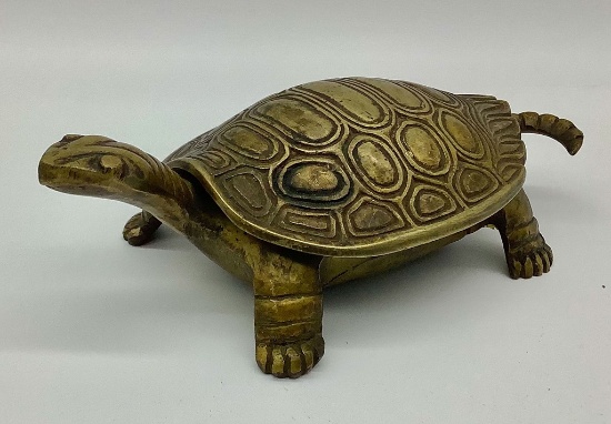 Vintage Heavy Brass Hinged Turtle Box - Korea, 7" Long