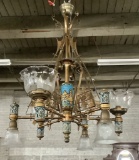 Aesthetic Movement Copper & Brass Chandelier W/ Acid Etched Shades & Porcel