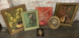 6 Vintage Oil Paintings - Floral, 4 Are Framed, Largest Is 14½