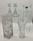 Pair Etched Depression Glass Candlesticks;     Cut Crystal Vase;     Etched