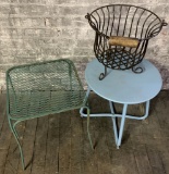 2 Vintage Metal Patio Tables;     Vintage Basket W/ Wooden Handles