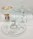 Early American Pressed Glass Dish & Pitcher;     Whimsical Glass Cat Figure