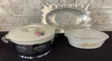 Embossed Aluminum 1950s Bowl;     Glasbake Covered Casserole;     Knowles U
