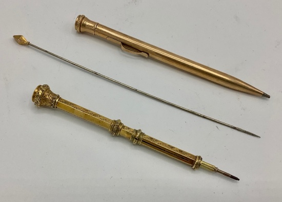 10kt Gold Topped Hat Pin;     Victorian Retractable Pencil;     Wald Patter