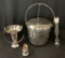Vintage Silverplated Ice Bucket W/ Tongs;     Silverplated Bottle Pourer;