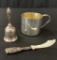 Sterling Baby's Cup;     Small Sterling Bell;     Sterling Handled Mother O