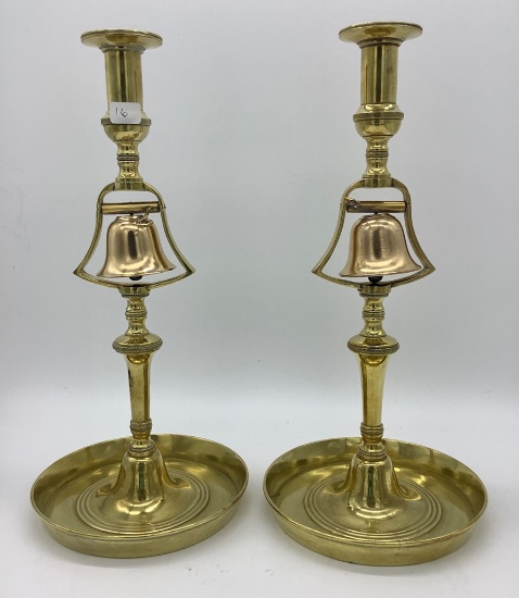 Pair Brass Candlesticks W/ Dinner Bell - 11" Tall
