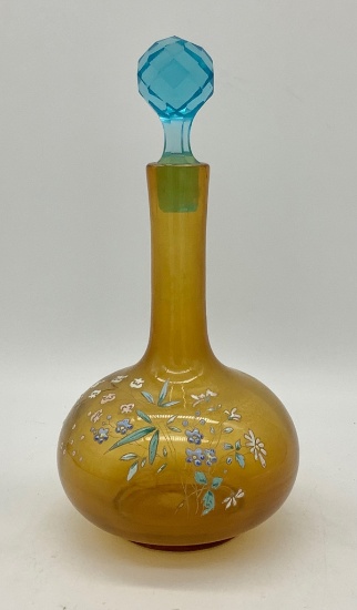 Victorian Amber & Blue Glass Decanter W/ Enameled Flowers - 9" Tall