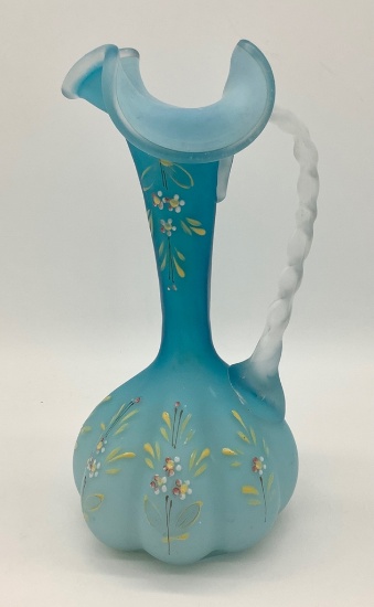 Victorian Satin Glass Ewer W/ Hand Enameled Flowers - 8" Tall