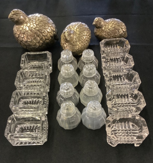 9 Salt Cellars;     8 Glass Shakers;     3 Partridge Shakers