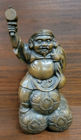 Chinese Bronze Figure - Man W/ Hammer In One Hand Sitting On Three Bales -