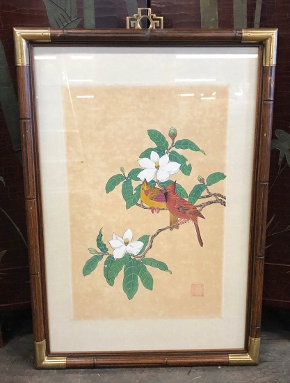 Asian Painting On Silk - Cardinals & Tree Blossoms, Signed, Framed W/ Glass