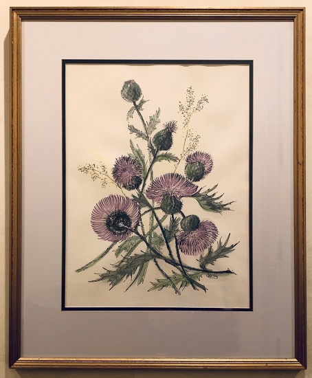 Grieg Steiner Watercolor - Scottish Thistles, Signed Greig, Framed W/ Glass