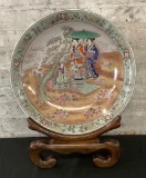 Asian Enameled Hand Painted Charger/Bowl W/ Wooden Easel - 21