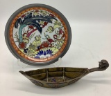 Old Brass & Enameled Boat Shaped Bowl - 7¼