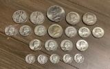 2 Liberty Half Dollars - 1940 & 1945;     10 Quarters - 1958-64;     5 Merc