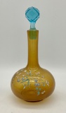 Victorian Amber & Blue Glass Decanter W/ Enameled Flowers - 9