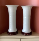 Pair Celadon Ceramic Vases W/ Wooden Bases - 20