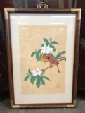 Asian Painting On Silk - Cardinals & Tree Blossoms, Signed, Framed W/ Glass