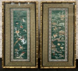 2 Antique Embroidered Silk Panels - Framed W/ Glass, 9½