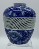 Blue & White Asian Open Latticework Vase - Signed