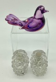 Small Amethyst Art Glass Bird;     Pair Cut Glass Lighters W/ Covers