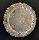Round Silverplated Tray On Legs W/ Heavily Chased Center & Gadroon Grape Bo