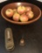 Wooden Dough Bowl;     Apples;     Oil Can;     Old Thermometer