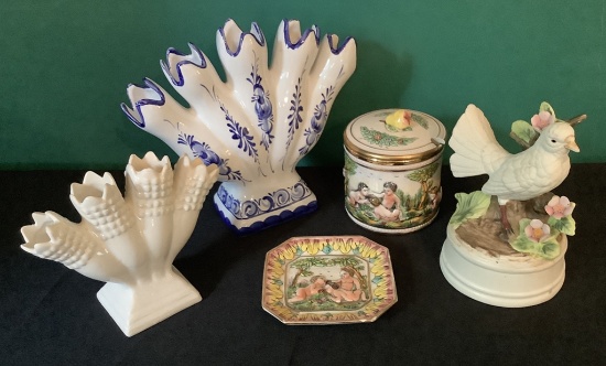 2 Hand Painted Tulip Vases;     Dove Musical;     Capodimonte Mustard Pot;