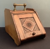 Antique English Carved Oak Coal Scuttle W/ Brass Handle