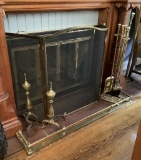 Vintage Brass Fireplace Screen W/ Tool Set, Andirons & Brass Fender