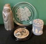 Lladro Figurine;     Wedgwood Lidded Jar;     Framed Staffordshire Pot Lid,