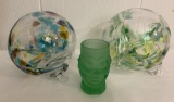 Small Satin Face Glass Vase;     2 Large Hand Blown Hanging Glass Orbs - 6