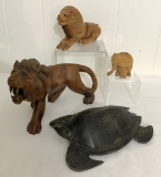 4 Nice Pieces Carved Wooden Animals - Largest Lion Is 10½