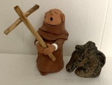 Terra Cotta Monk - Signed Sandoval Taos;     Signed Pottery Horse Head - 8