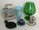 Estate Lot Misc. Mid-Century Items, Green Glass Vase Is 11