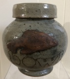 Studio Art Pottery Vessel W/ Lid & Applied Fish - Signed, 8