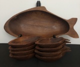 Hand Carved Wooden Fish Salad Set - 20½