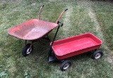 Red Wagon;     Vintage Wheel Barrow