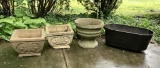 3 Concrete Pots;     Iron Planter - No Handle - All As Found