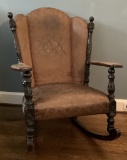 Wonderful Hand Carved Upholstered Rocker - Circa 1920s, Some Fabric Issues,