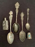 4 Sterling Spoons;     Small Sterling Perfume Bottle;     Bolo Tie Piece