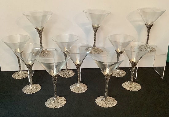 9 Champagne Glasses W/ Cast Metal Bases