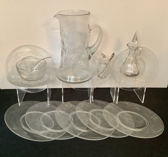 Nice Vintage Etched Glass Water Pitcher;     8 Etched Glass Plates;     Cru