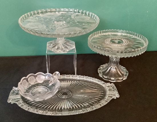 2 Glass Cake Plateaus;     Coin Glass Nappy;     Vintage Glass Dresser Tray