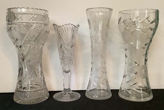 4 Cut Glass Vases - Largest Is 12½"