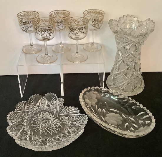 Cut Glass Vase;     2 Cut Glass Dishes;     5 Hand Painted Cordials