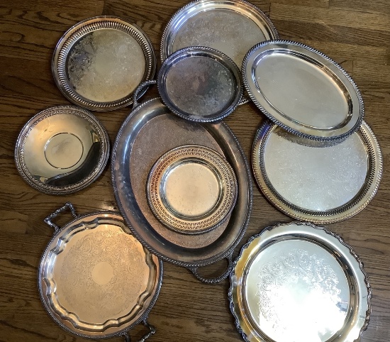 10 Various Silverplated Trays - Largest Is 24"