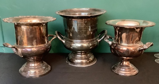 3 Silverplated Champagne Buckets - Largest Is 11"